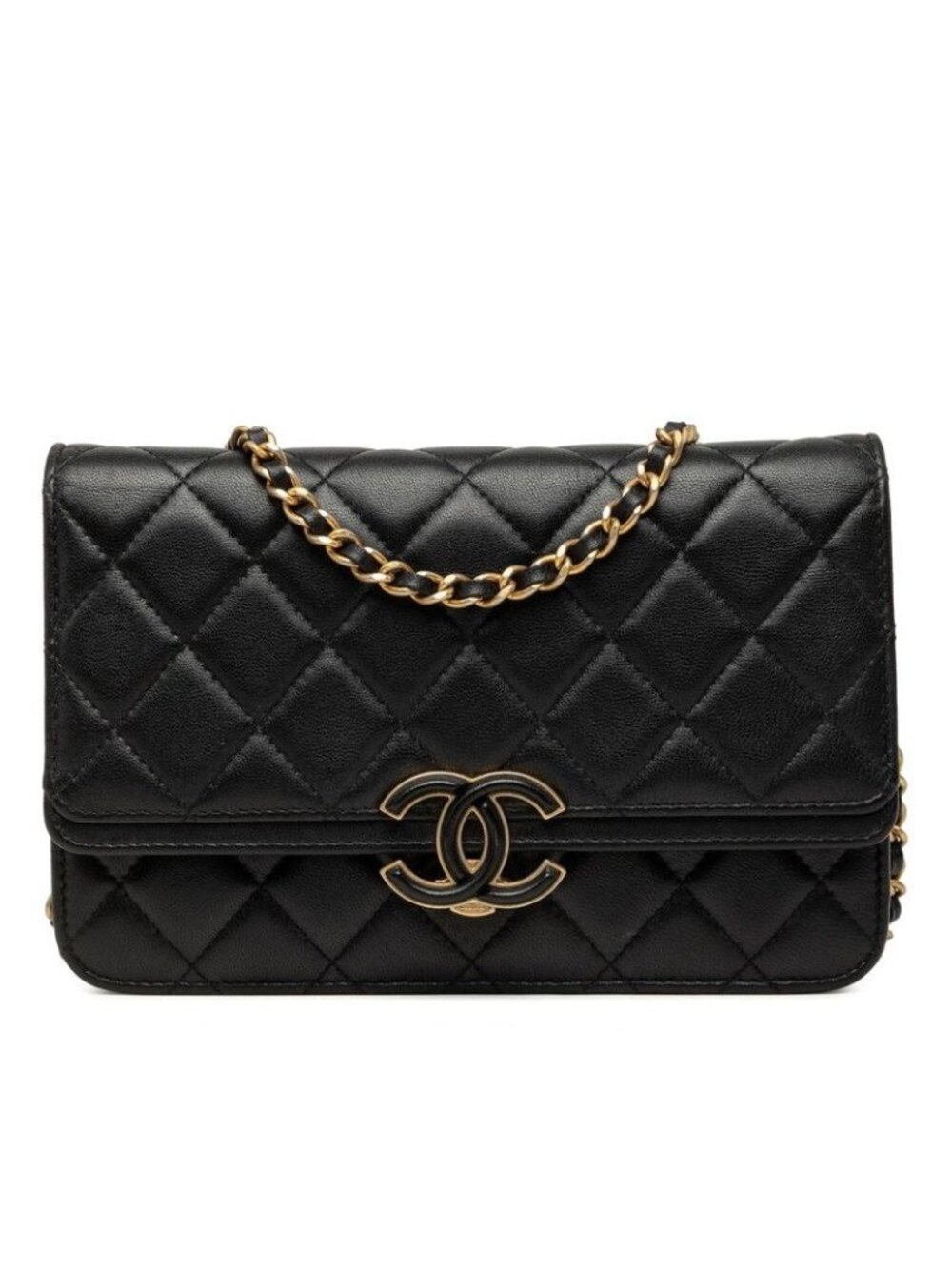 Chanel CC Logo Quilted Chain Wallet Shoulder Bag Black Gold Lambskin